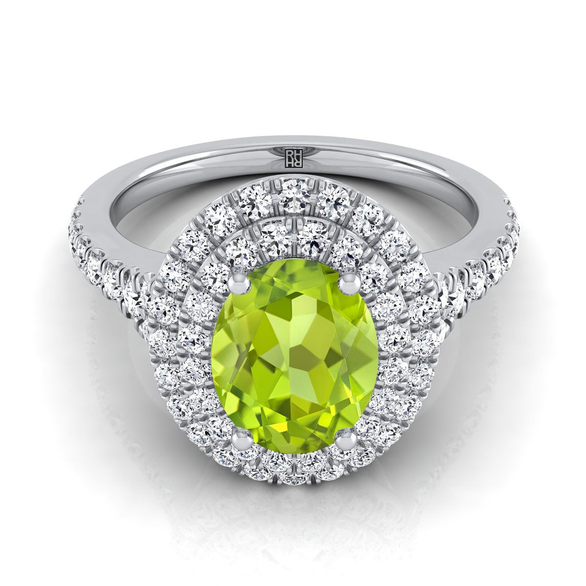 Platinum Oval Peridot Double Halo with Scalloped Pavé Diamond Engagement Ring -1/2ctw