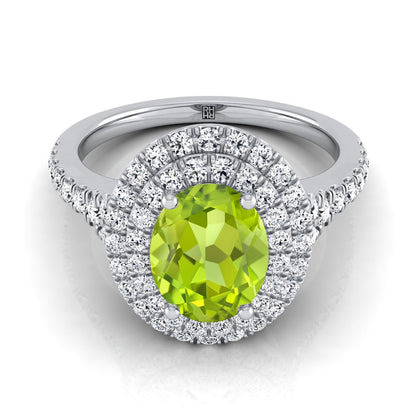 Platinum Oval Peridot Double Halo with Scalloped Pavé Diamond Engagement Ring -1/2ctw