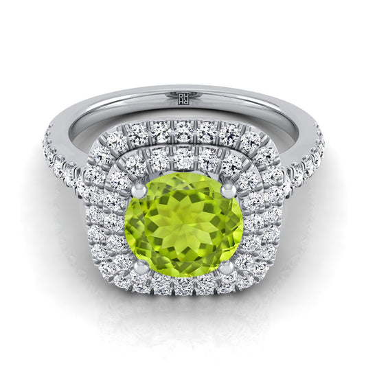 Platinum Round Brilliant Peridot Double Halo with Scalloped Pavé Diamond Engagement Ring -1/2ctw