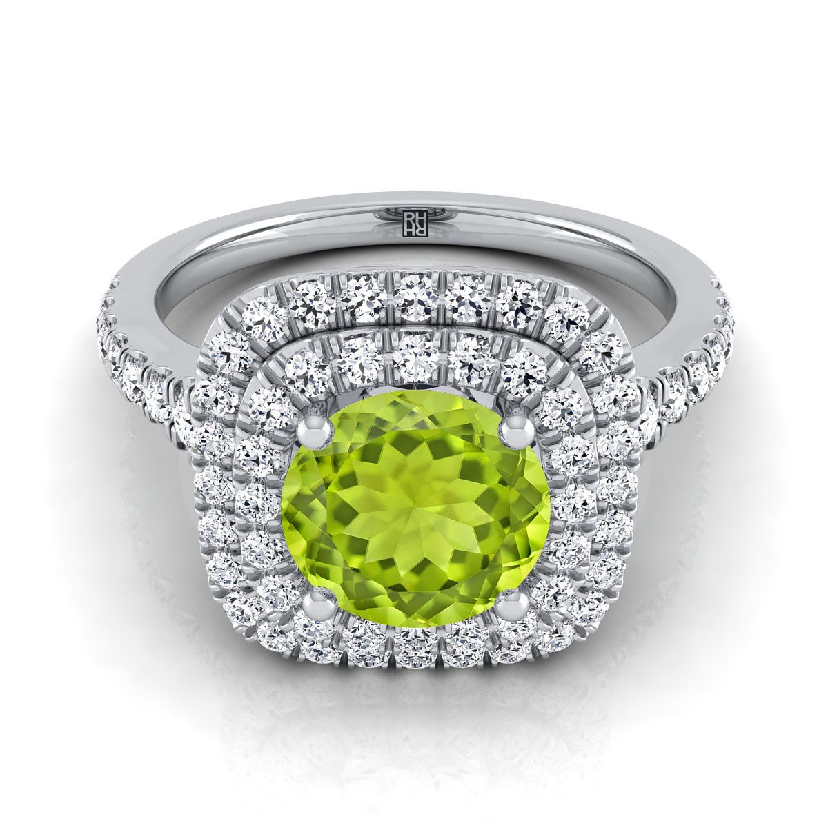 18K White Gold Round Brilliant Peridot Double Halo with Scalloped Pavé Diamond Engagement Ring -1/2ctw
