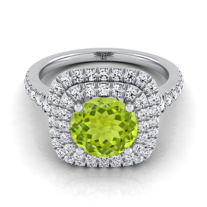 14K White Gold Round Brilliant Peridot Double Halo with Scalloped Pavé Diamond Engagement Ring -1/2ctw