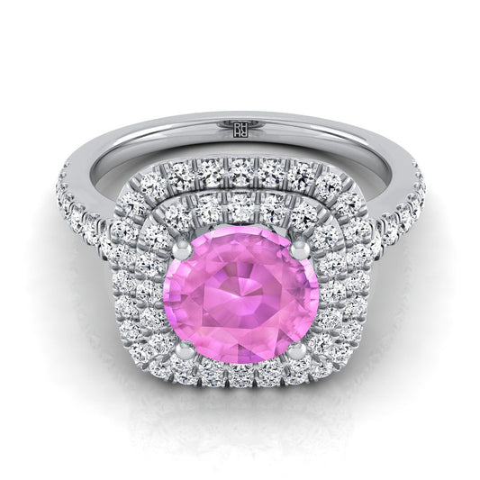 18K White Gold Round Brilliant Pink Sapphire Double Halo with Scalloped Pavé Diamond Engagement Ring -1/2ctw