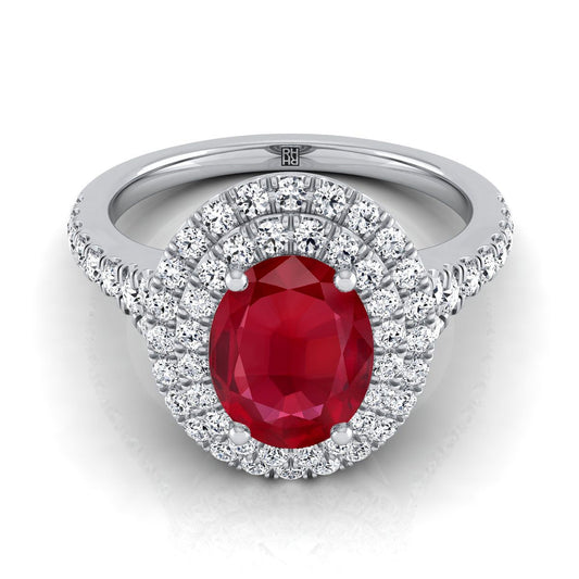 18K White Gold Oval Ruby Double Halo with Scalloped Pavé Diamond Engagement Ring -1/2ctw