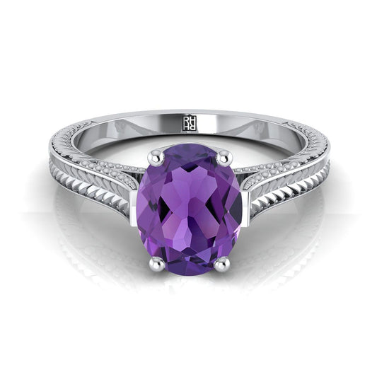 18K White Gold Oval Amethyst Hand Engraved Vintage Cathedral Style Solitaire Engagement Ring