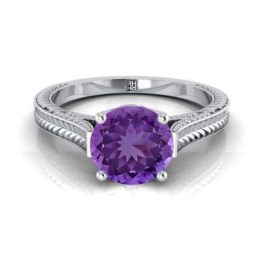 18K White Gold Round Brilliant Amethyst Hand Engraved Vintage Cathedral Style Solitaire Engagement Ring 0