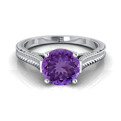 Platinum Round Brilliant Amethyst Hand Engraved Vintage Cathedral Style Solitaire Engagement Ring
