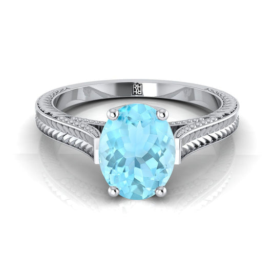 18K White Gold Oval Aquamarine Hand Engraved Vintage Cathedral Style Solitaire Engagement Ring