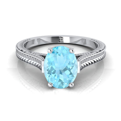 14K White Gold Oval Aquamarine Hand Engraved Vintage Cathedral Style Solitaire Engagement Ring