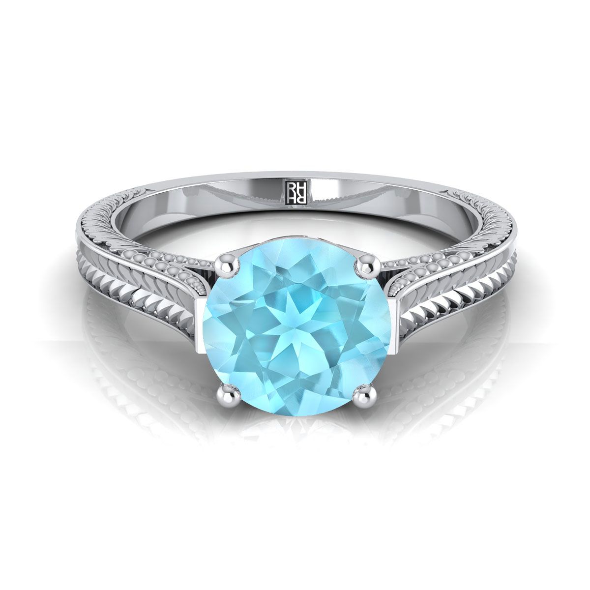 18K White Gold Round Brilliant Aquamarine Hand Engraved Vintage Cathedral Style Solitaire Engagement Ring