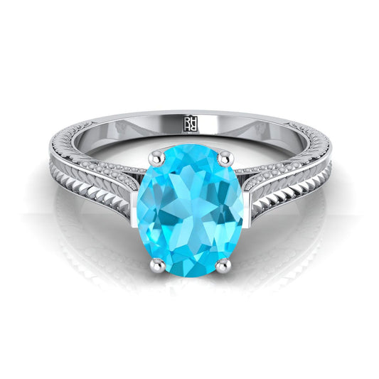 18K White Gold Oval Swiss Blue Topaz Hand Engraved Vintage Cathedral Style Solitaire Engagement Ring