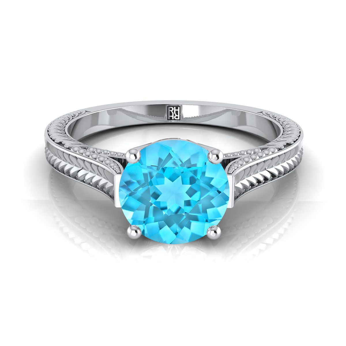 14K White Gold Round Brilliant Swiss Blue Topaz Hand Engraved Vintage Cathedral Style Solitaire Engagement Ring