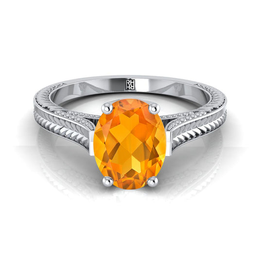 18K White Gold Oval Citrine Hand Engraved Vintage Cathedral Style Solitaire Engagement Ring