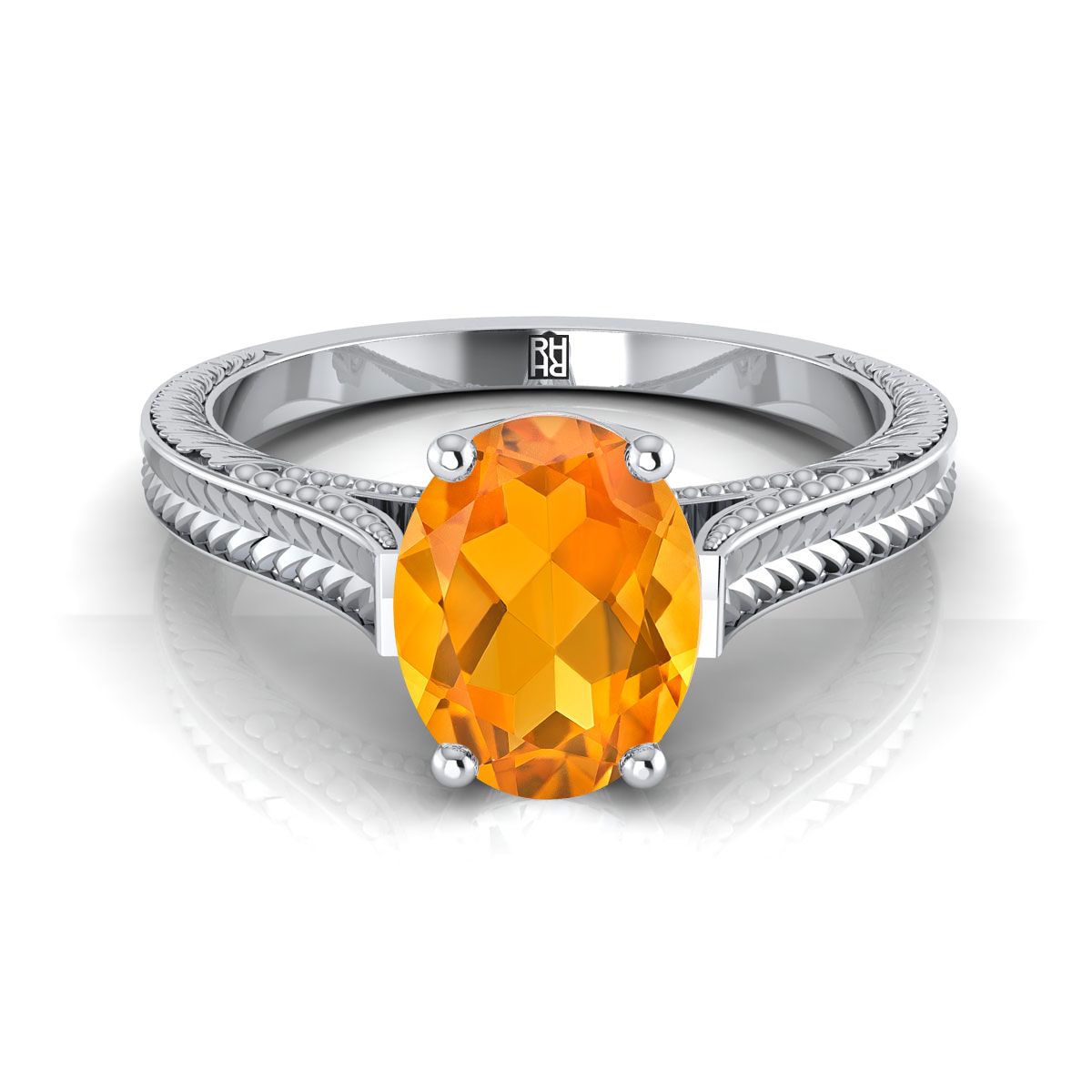 14K White Gold Oval Citrine Hand Engraved Vintage Cathedral Style Solitaire Engagement Ring