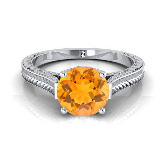 14K White Gold Round Brilliant Citrine Hand Engraved Vintage Cathedral Style Solitaire Engagement Ring