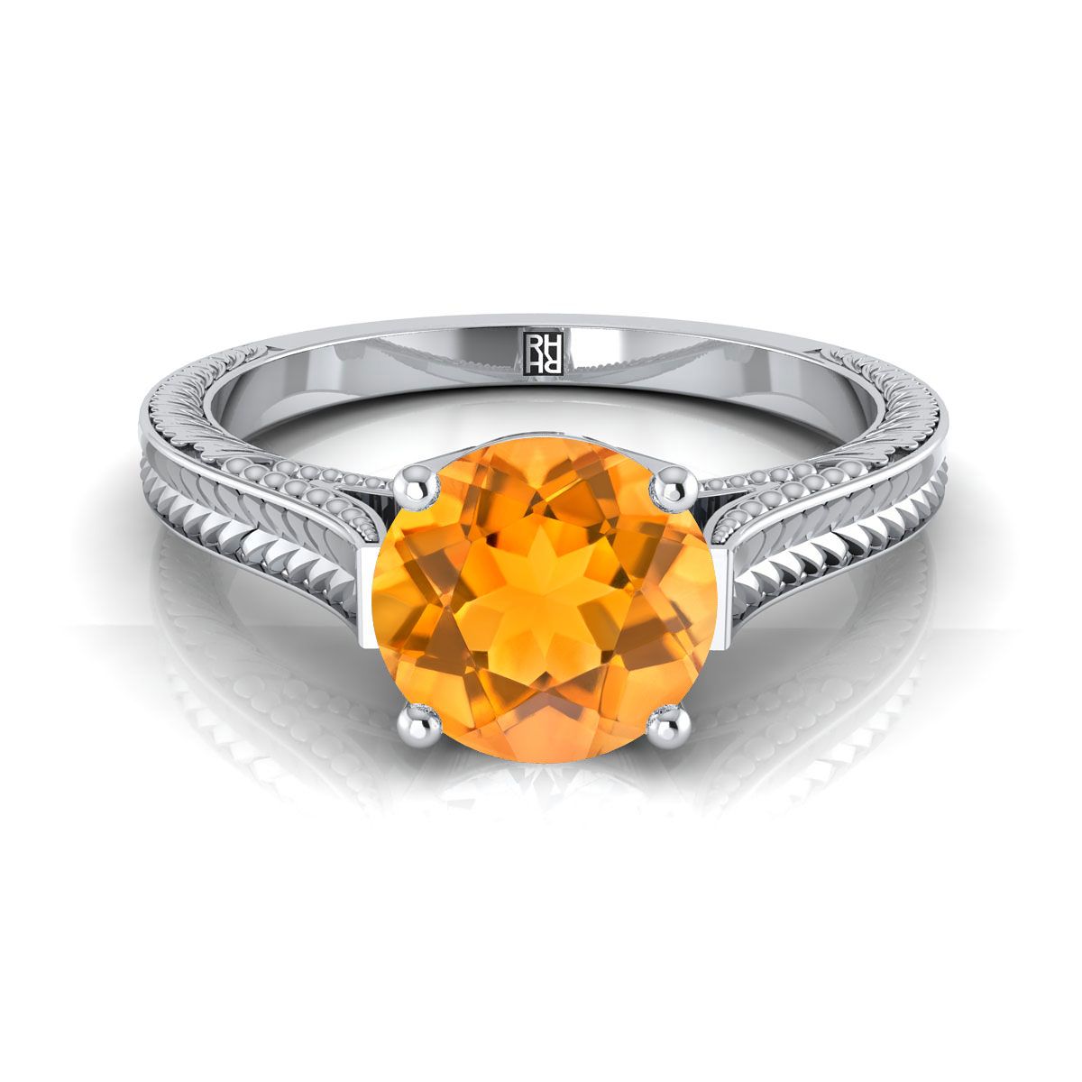 14K White Gold Round Brilliant Citrine Hand Engraved Vintage Cathedral Style Solitaire Engagement Ring