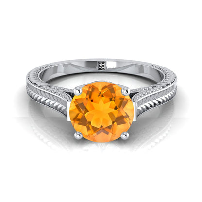 18K White Gold Round Brilliant Citrine Hand Engraved Vintage Cathedral Style Solitaire Engagement Ring