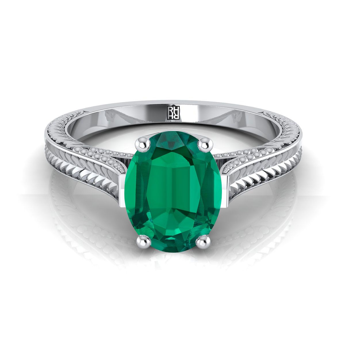 18K White Gold Oval Emerald Hand Engraved Vintage Cathedral Style Solitaire Engagement Ring