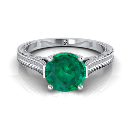 18K White Gold Round Brilliant Emerald Hand Engraved Vintage Cathedral Style Solitaire Engagement Ring