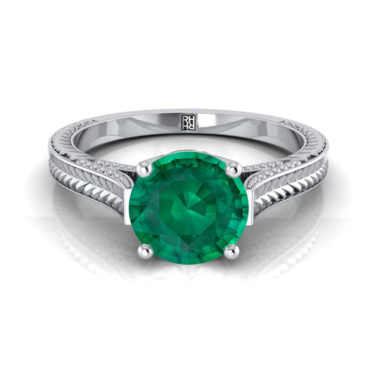 14K White Gold Round Brilliant Emerald Hand Engraved Vintage Cathedral Style Solitaire Engagement Ring