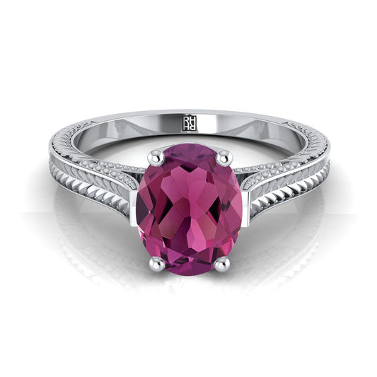 Platinum Oval Garnet Hand Engraved Vintage Cathedral Style Solitaire Engagement Ring