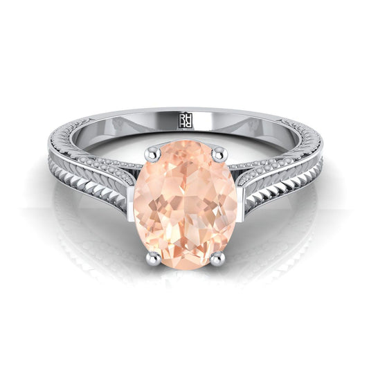18K White Gold Oval Morganite Hand Engraved Vintage Cathedral Style Solitaire Engagement Ring