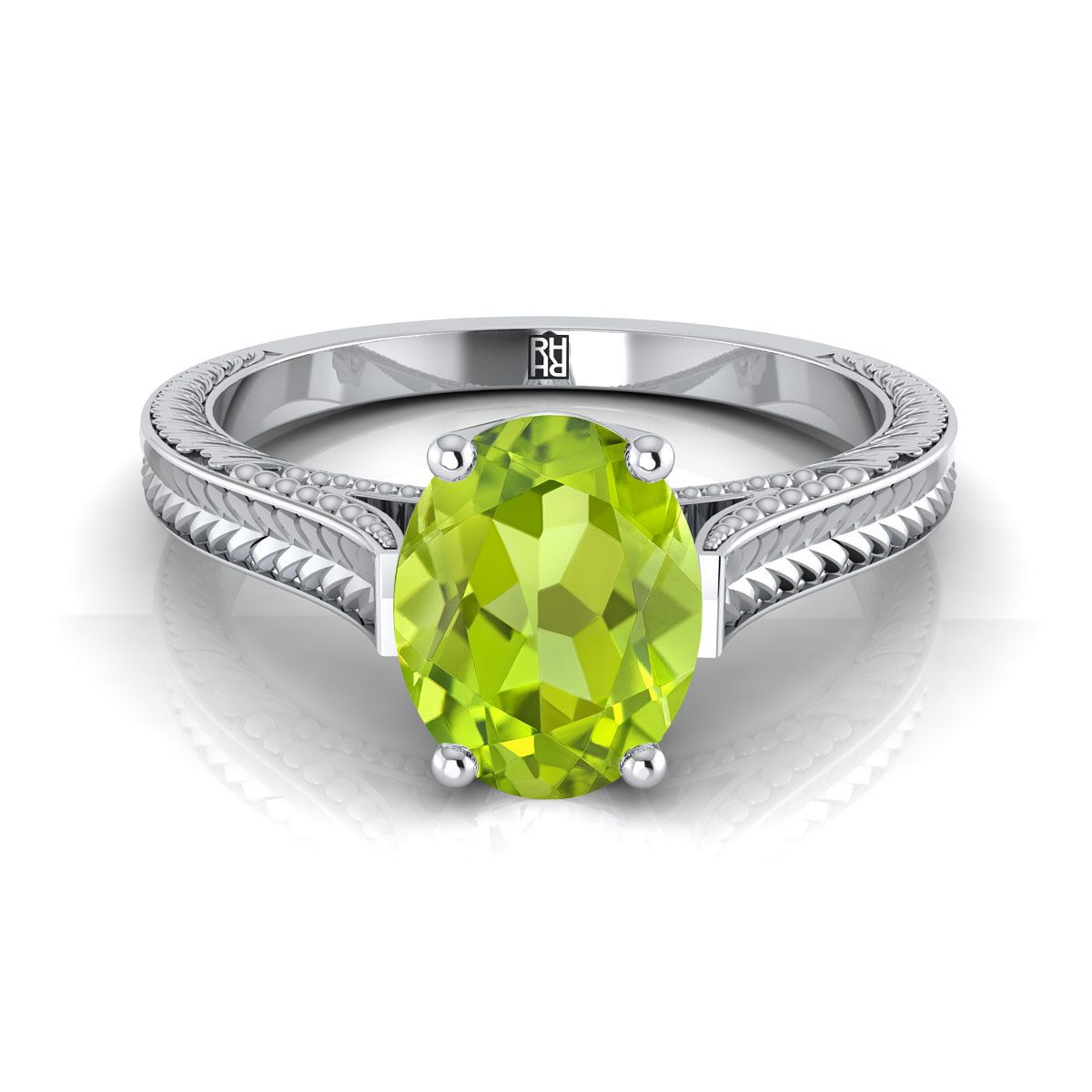 18K White Gold Oval Peridot Hand Engraved Vintage Cathedral Style Solitaire Engagement Ring