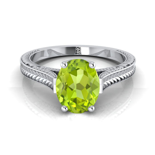 18K White Gold Oval Peridot Hand Engraved Vintage Cathedral Style Solitaire Engagement Ring