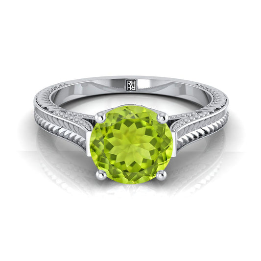 14K White Gold Round Brilliant Peridot Hand Engraved Vintage Cathedral Style Solitaire Engagement Ring