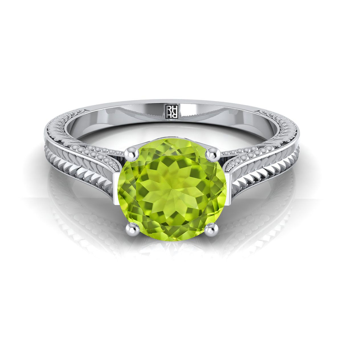 Platinum Round Brilliant Peridot Hand Engraved Vintage Cathedral Style Solitaire Engagement Ring