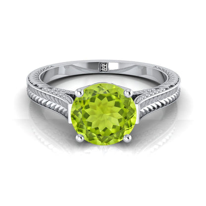 18K White Gold Round Brilliant Peridot Hand Engraved Vintage Cathedral Style Solitaire Engagement Ring