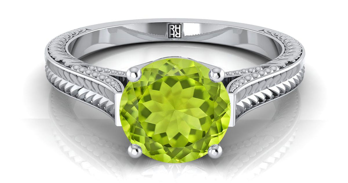 18K White Gold Round Brilliant Peridot Hand Engraved Vintage Cathedral
