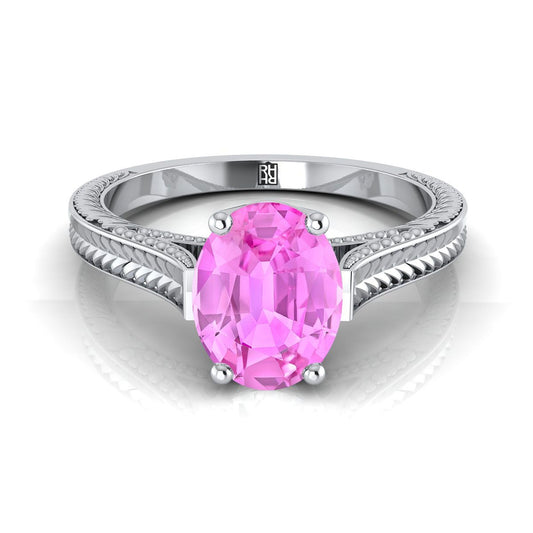 Platinum Oval Pink Sapphire Hand Engraved Vintage Cathedral Style Solitaire Engagement Ring