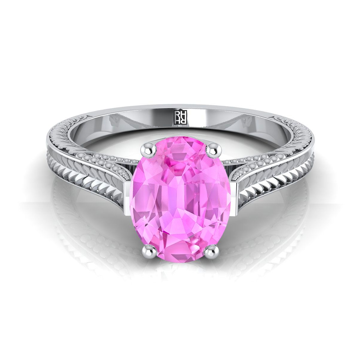 18K White Gold Oval Pink Sapphire Hand Engraved Vintage Cathedral Style Solitaire Engagement Ring