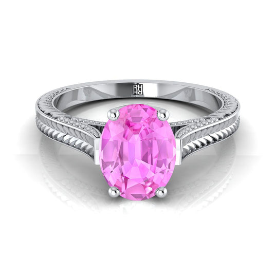 18K White Gold Oval Pink Sapphire Hand Engraved Vintage Cathedral Style Solitaire Engagement Ring