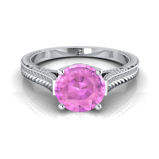 14K White Gold Round Brilliant Pink Sapphire Hand Engraved Vintage Cathedral Style Solitaire Engagement Ring