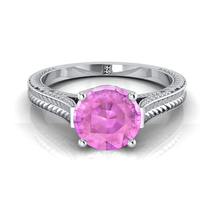 18K White Gold Round Brilliant Pink Sapphire Hand Engraved Vintage Cathedral Style Solitaire Engagement Ring