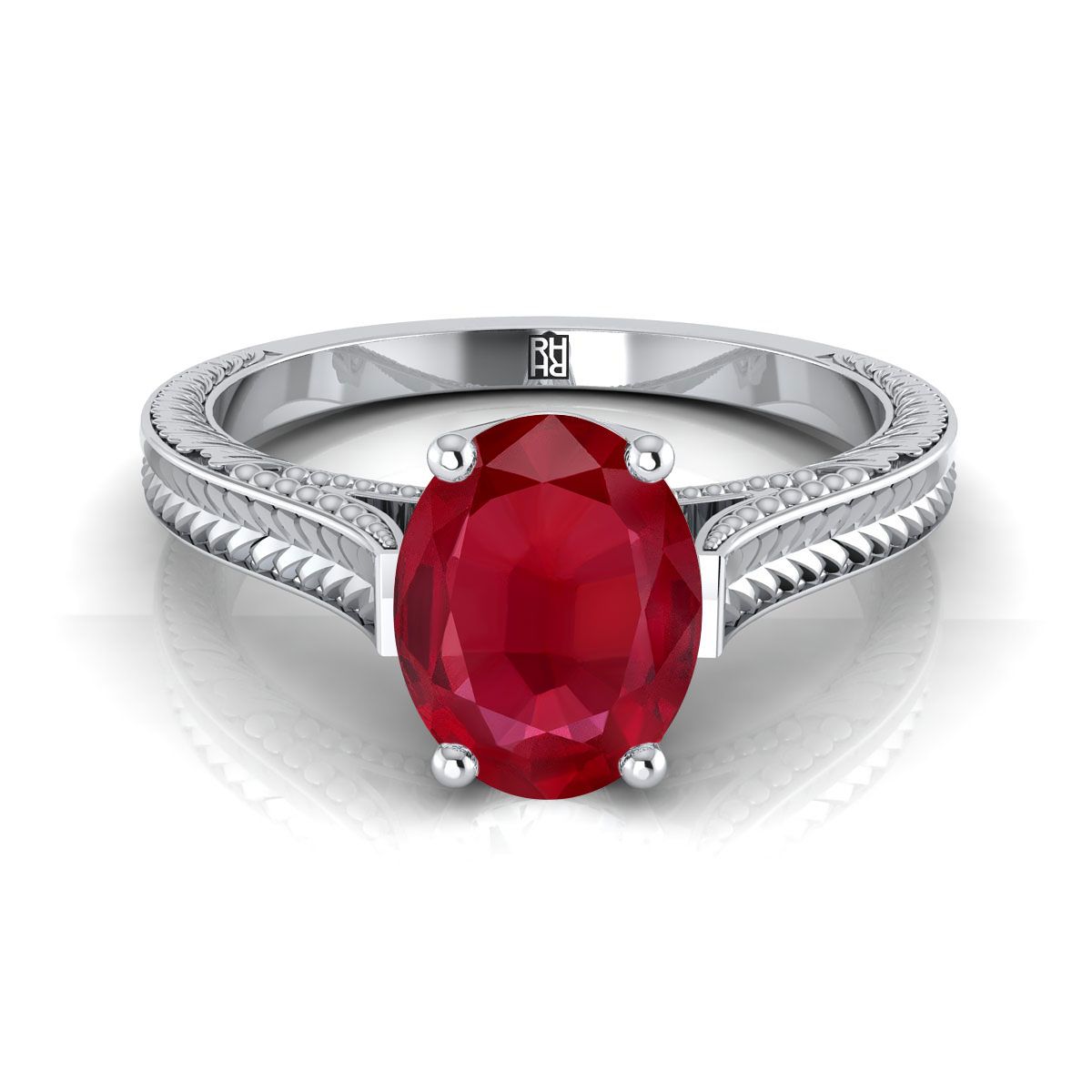 18K White Gold Oval Ruby Hand Engraved Vintage Cathedral Style Solitaire Engagement Ring