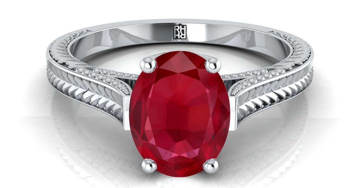 Platinum Oval Ruby Hand Engraved Vintage Cathedral Style Solitaire Eng