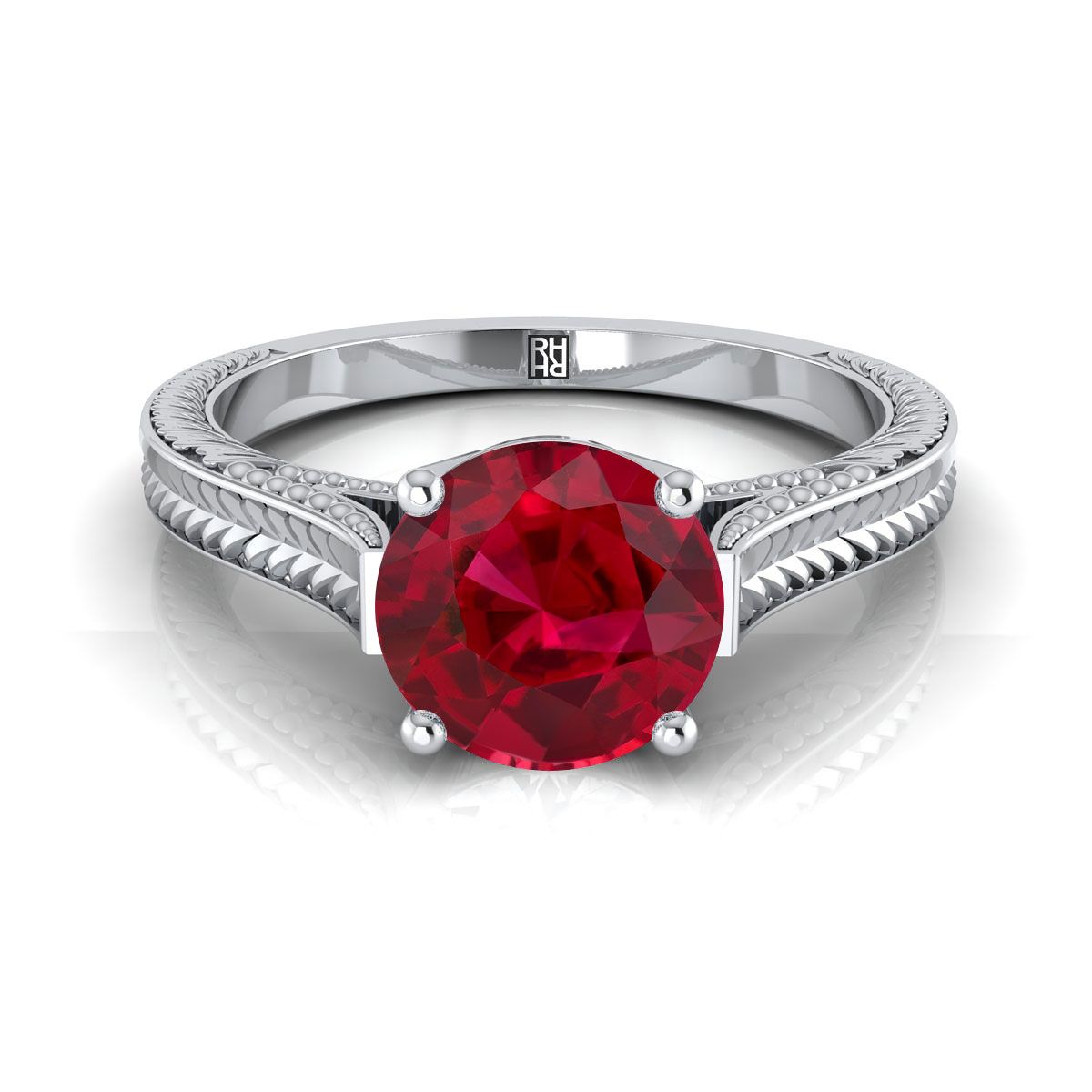 18K White Gold Round Brilliant Ruby Hand Engraved Vintage Cathedral Style Solitaire Engagement Ring