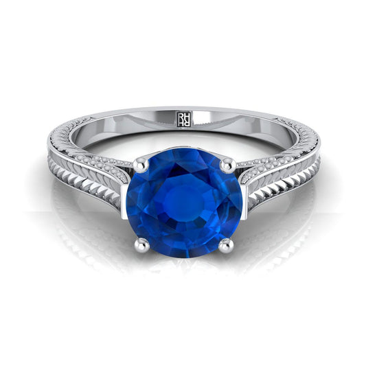 18K White Gold Round Brilliant Sapphire Hand Engraved Vintage Cathedral Style Solitaire Engagement Ring