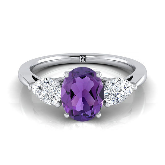 14K White Gold Oval Amethyst Perfectly Matched Pear Shaped Three Diamond Engagement Ring -7/8ctw