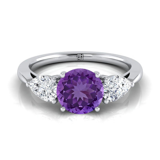 Platinum Round Brilliant Amethyst Perfectly Matched Pear Shaped Three Diamond Engagement Ring -7/8ctw