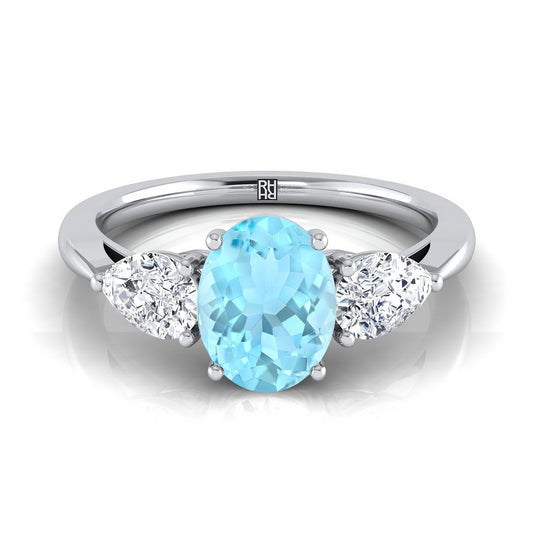 14K White Gold Oval Aquamarine Perfectly Matched Pear Shaped Three Diamond Engagement Ring -7/8ctw