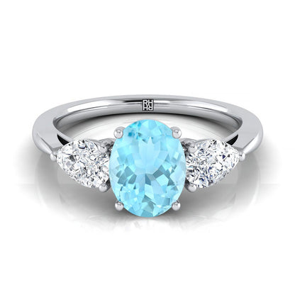 18K White Gold Oval Aquamarine Perfectly Matched Pear Shaped Three Diamond Engagement Ring -7/8ctw