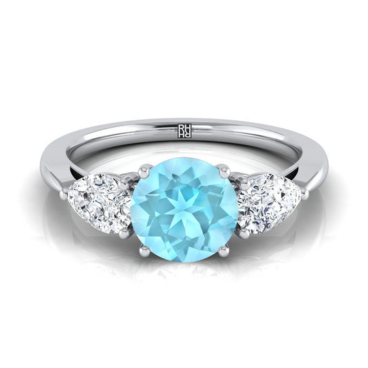 14K White Gold Round Brilliant Aquamarine Perfectly Matched Pear Shaped Three Diamond Engagement Ring -7/8ctw