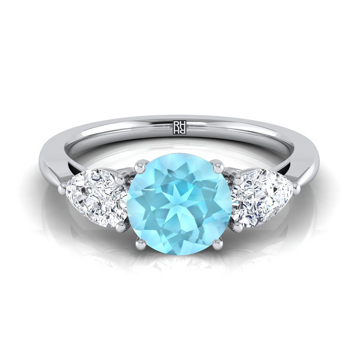 18K White Gold Round Brilliant Aquamarine Perfectly Matched Pear Shaped Three Diamond Engagement Ring -7/8ctw