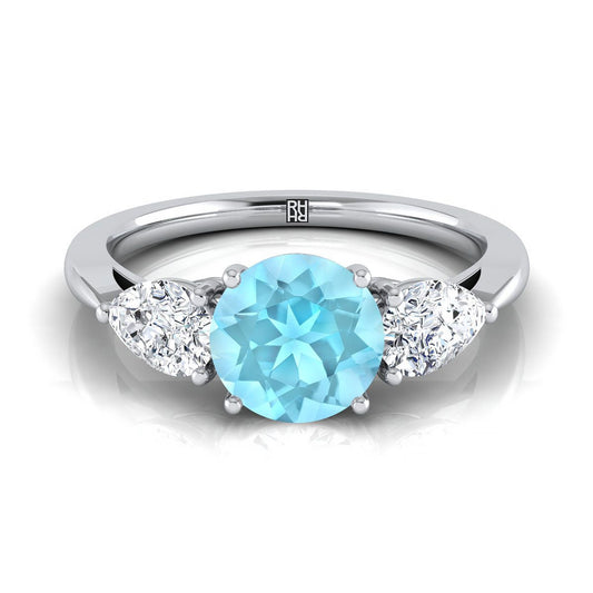 18K White Gold Round Brilliant Aquamarine Perfectly Matched Pear Shaped Three Diamond Engagement Ring -7/8ctw