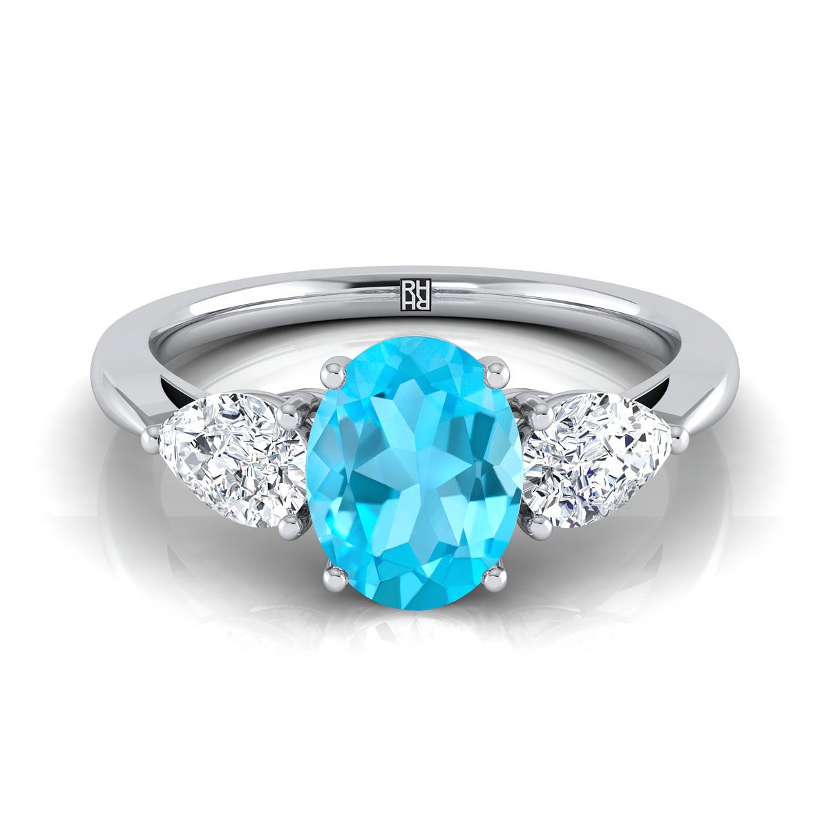 18K White Gold Oval Swiss Blue Topaz Perfectly Matched Pear Shaped Three Diamond Engagement Ring -7/8ctw