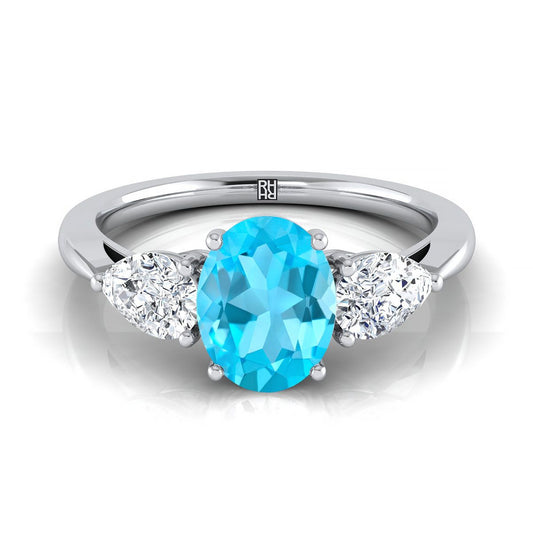 18K White Gold Oval Swiss Blue Topaz Perfectly Matched Pear Shaped Three Diamond Engagement Ring -7/8ctw