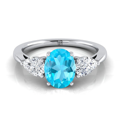 14K White Gold Oval Swiss Blue Topaz Perfectly Matched Pear Shaped Three Diamond Engagement Ring -7/8ctw